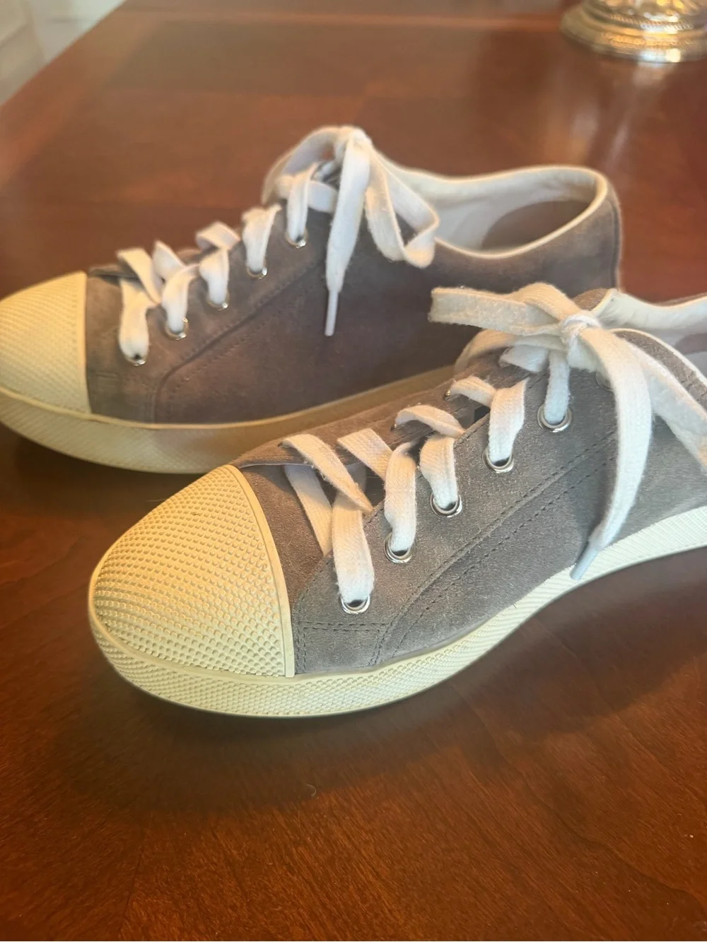 Prada Gray Suede Low-Top Sneakers with White Accents